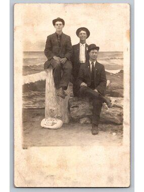 Antique RPPC 1911 Three Men Fashion Photo Postcard Ocean Studio Prop